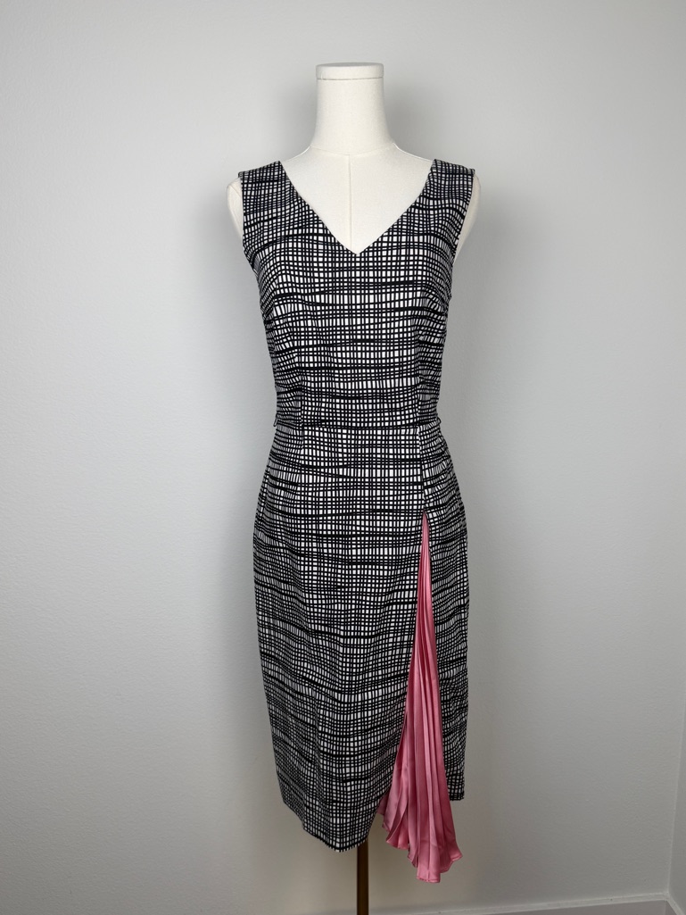 Lyla Jarn Sleeveless Black & White Plaid Dress With Pink Side Pleat